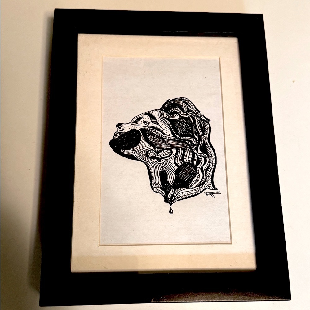 ORIGINAL Pen & Ink Drawing Woman’s Face Heart Ear Black & White Framed Signed